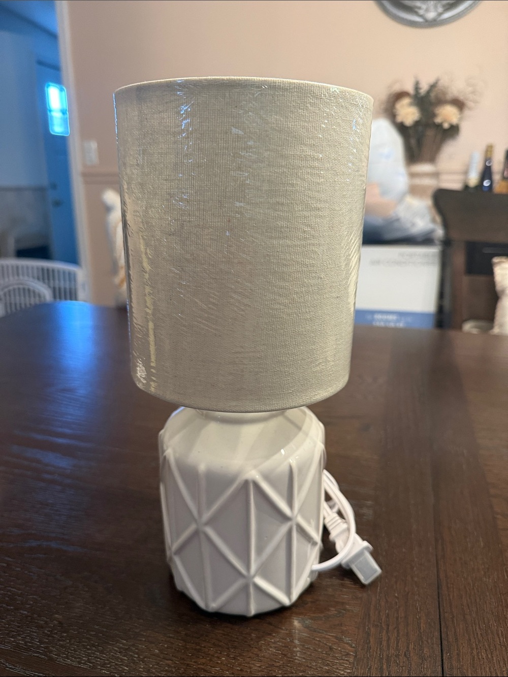 Neutral White Geometric Ceramic Table Lamp with Fabric Shade